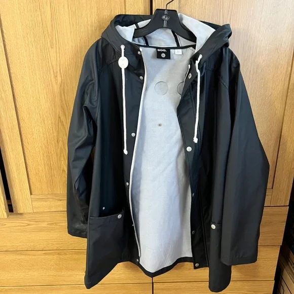 Urban Outfitters BDG BLACK PVC RUBBERIZED hooded Raincoat Vinyl Waterproof sz L